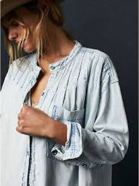 Free People Light Blue Button-Front Tunic Shirt